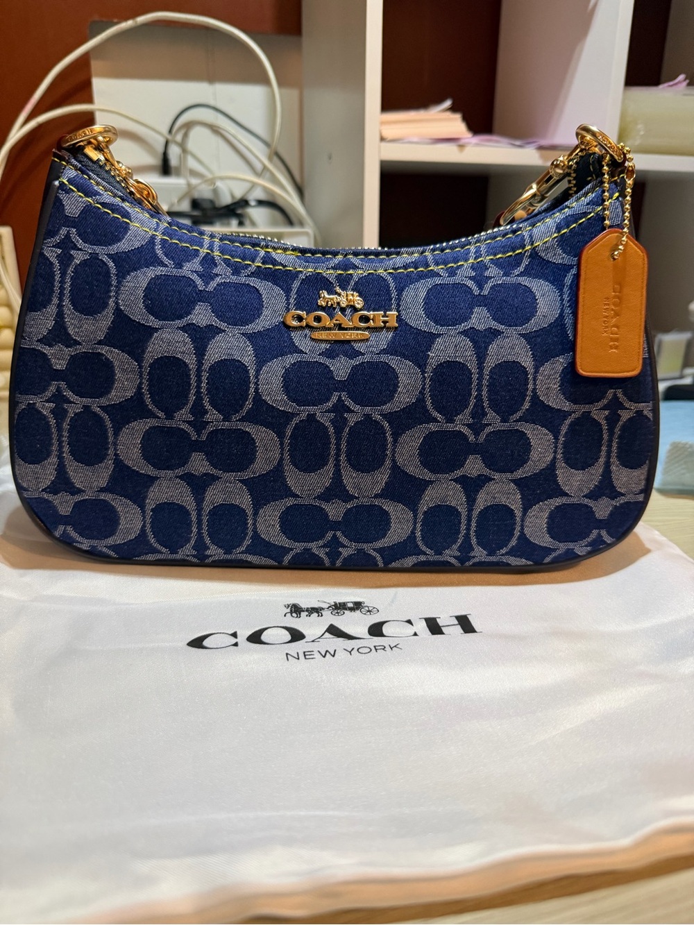 Coach Navy Signature Jacquard Shoulder Bag with Tan Tag